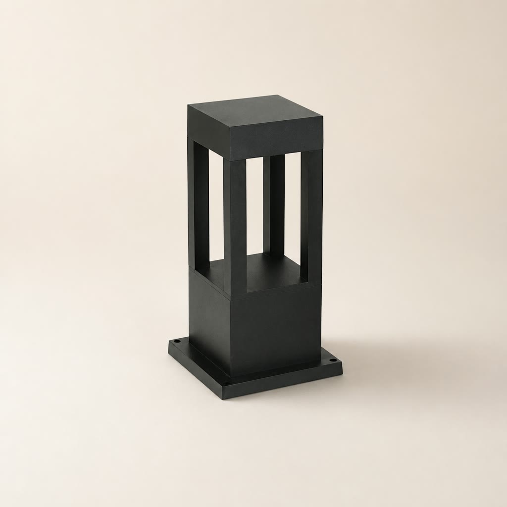Black rectangular outdoor bollard light with open vertical window panels on a square base.