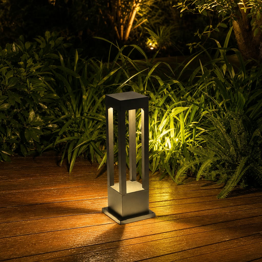 Black rectangular outdoor bollard light glowing warmly on a wooden deck beside green garden foliage.