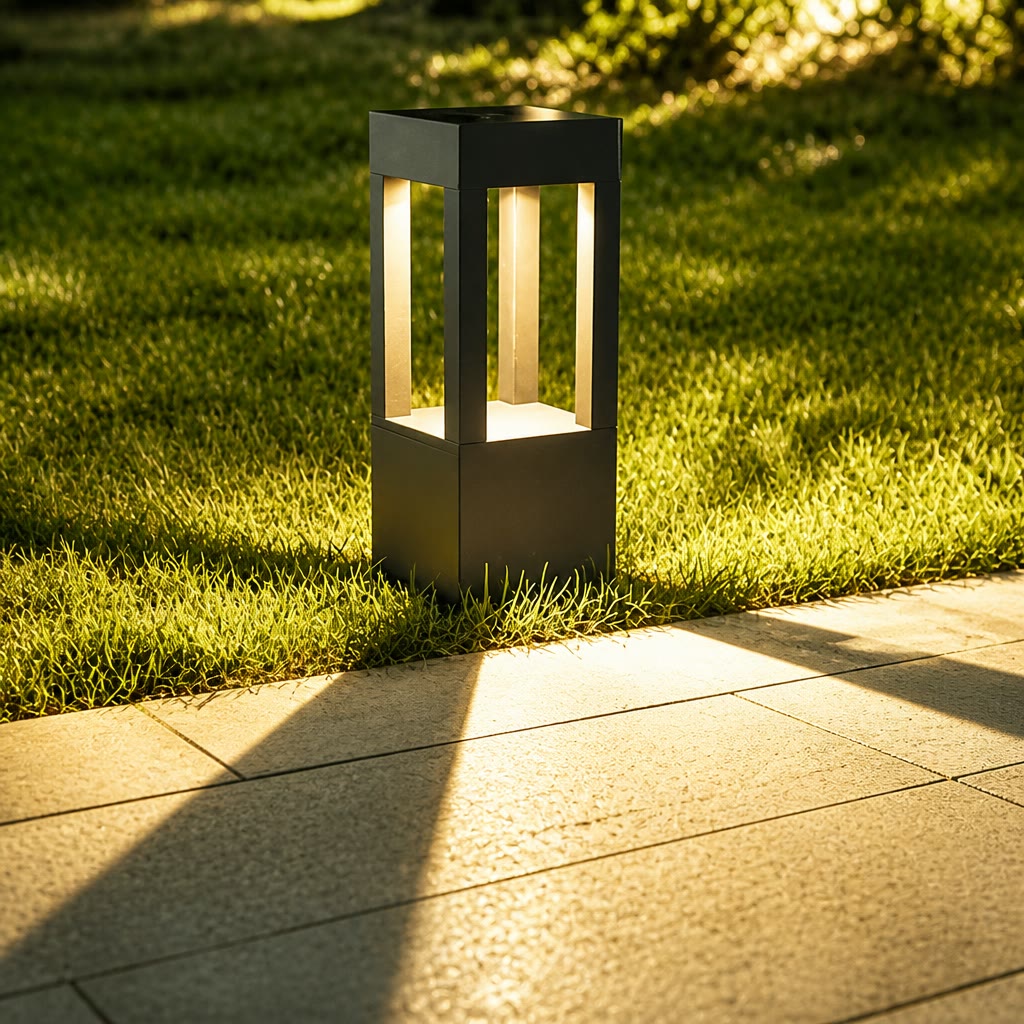 Black rectangular outdoor bollard lamp glowing on grass beside a paved path.