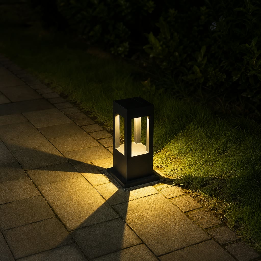 Black rectangular outdoor path light illuminating stone pavers and grass.