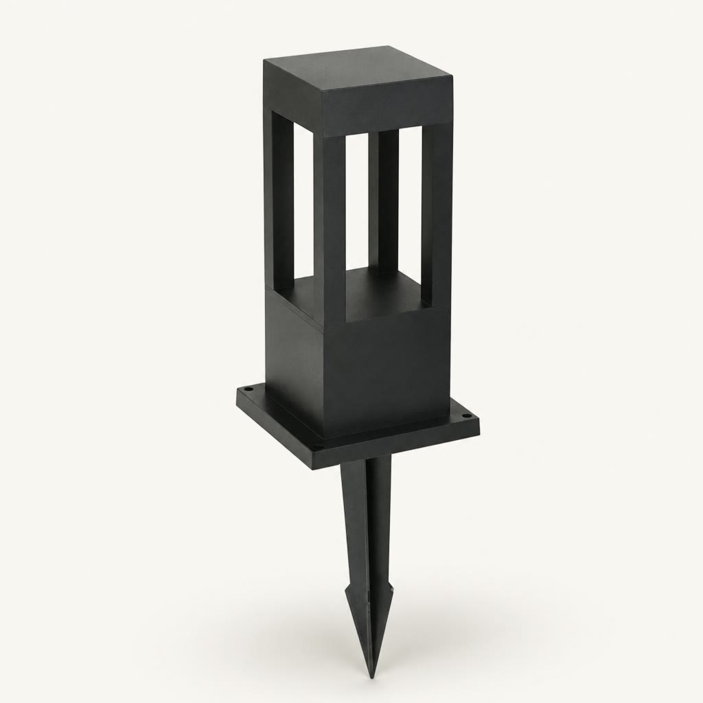 Black square garden stake light with open window panels and pointed ground spike.