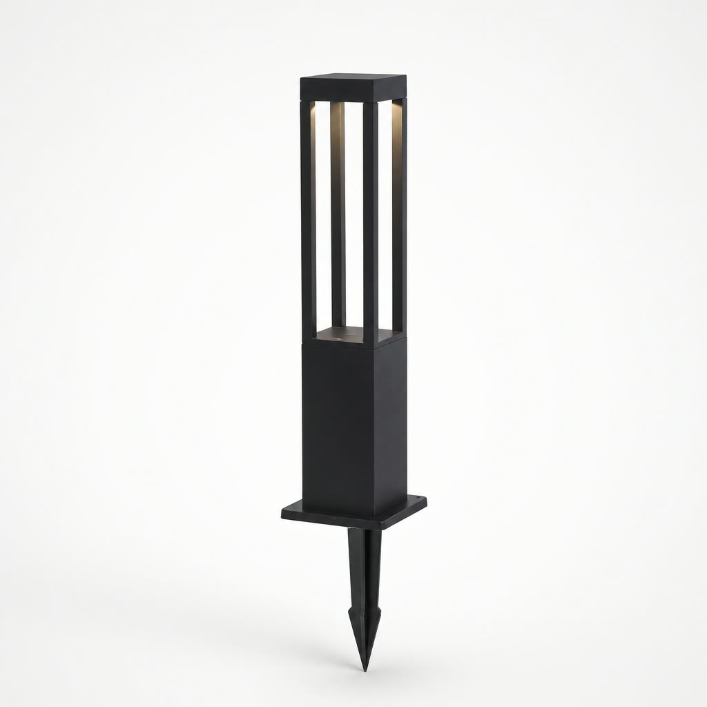 Black rectangular outdoor stake light with vertical glowing panels and pointed ground spike.
