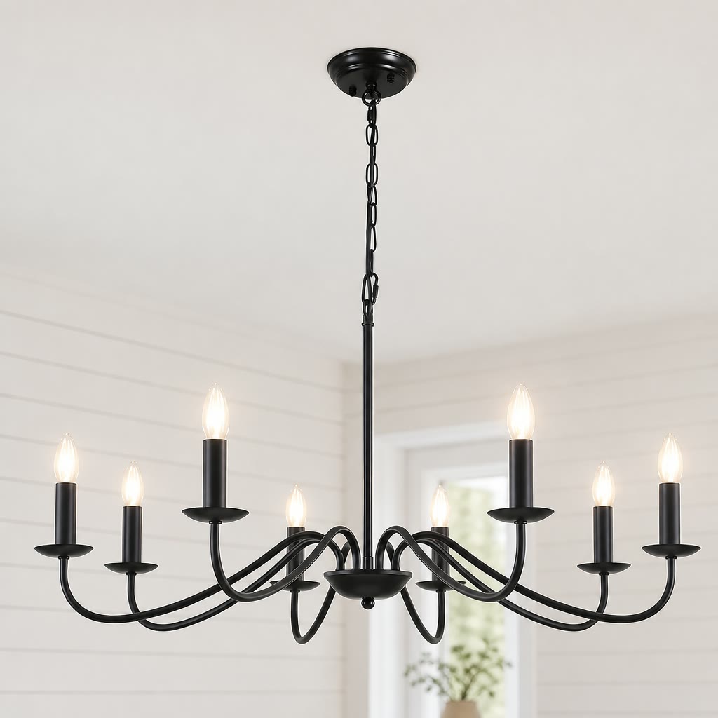 Black six-light candle chandelier with glowing bulbs hanging from a chain in a bright room.