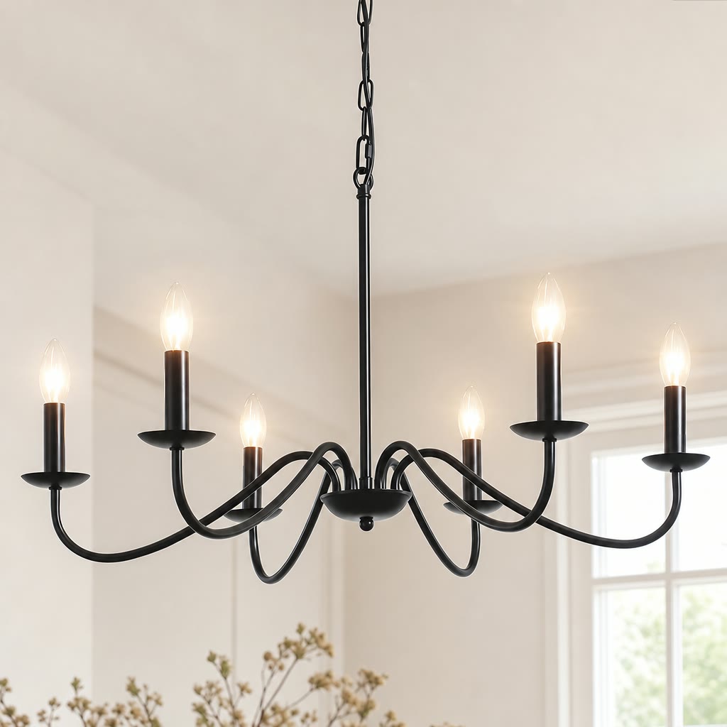 Black six-light chandelier with candle-style bulbs hanging above a bright room.