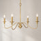 Gold five-light chandelier with curved arms and candle-style bulbs on a pale gray background.