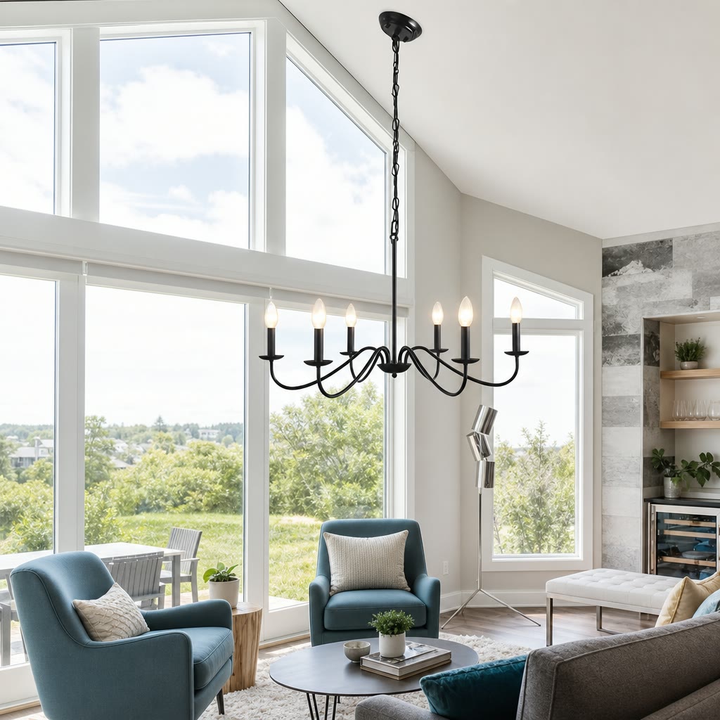 Black six-light candle chandelier hanging in a bright modern living room.