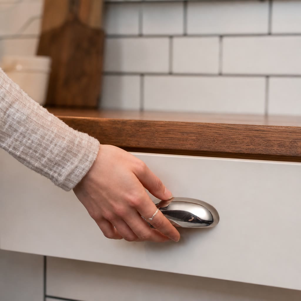Hand touching a polished chrome oval drawer pull on a white cabinet.