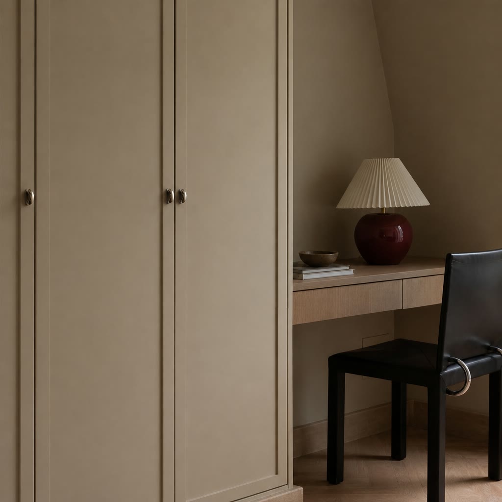 Beige wardrobe with small knobs beside a wooden desk with lamp and black chair.