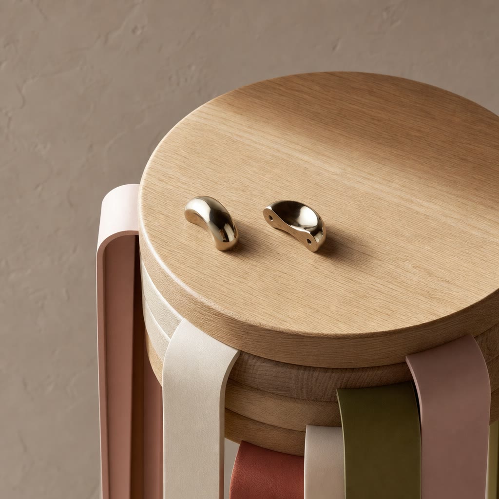 Two polished gold earbud-like pieces rest on a round wooden stool with pastel ribbon accents.