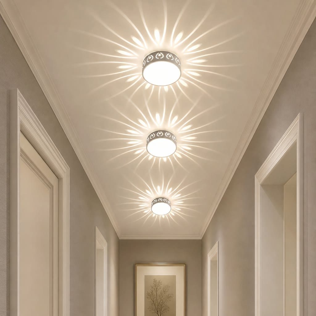 Three decorative ceiling lights cast floral patterns along a hallway ceiling.