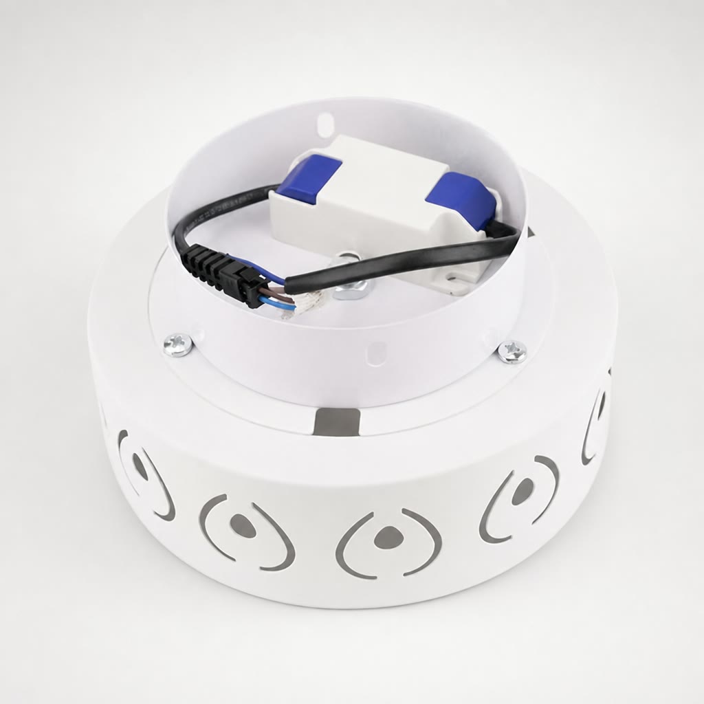 White circular LED light fixture with visible driver and wiring on top.