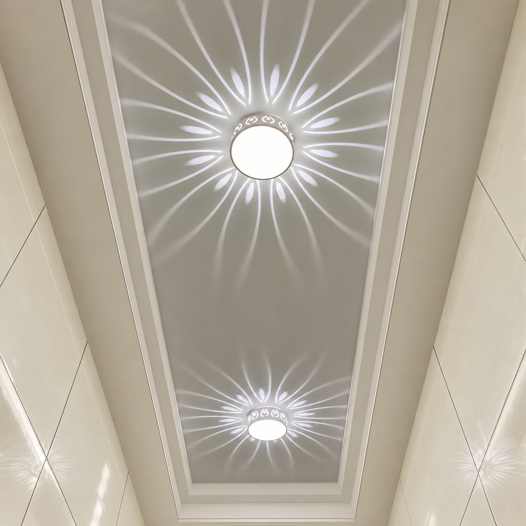 Two round ceiling lights cast floral white patterns across a recessed glossy ceiling.