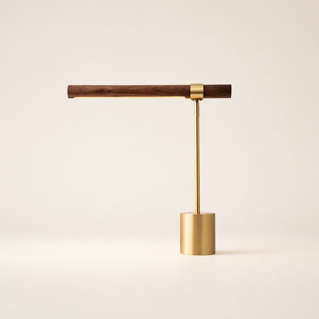 Brass and dark wood desk lamp with cylindrical base and horizontal bar shade.