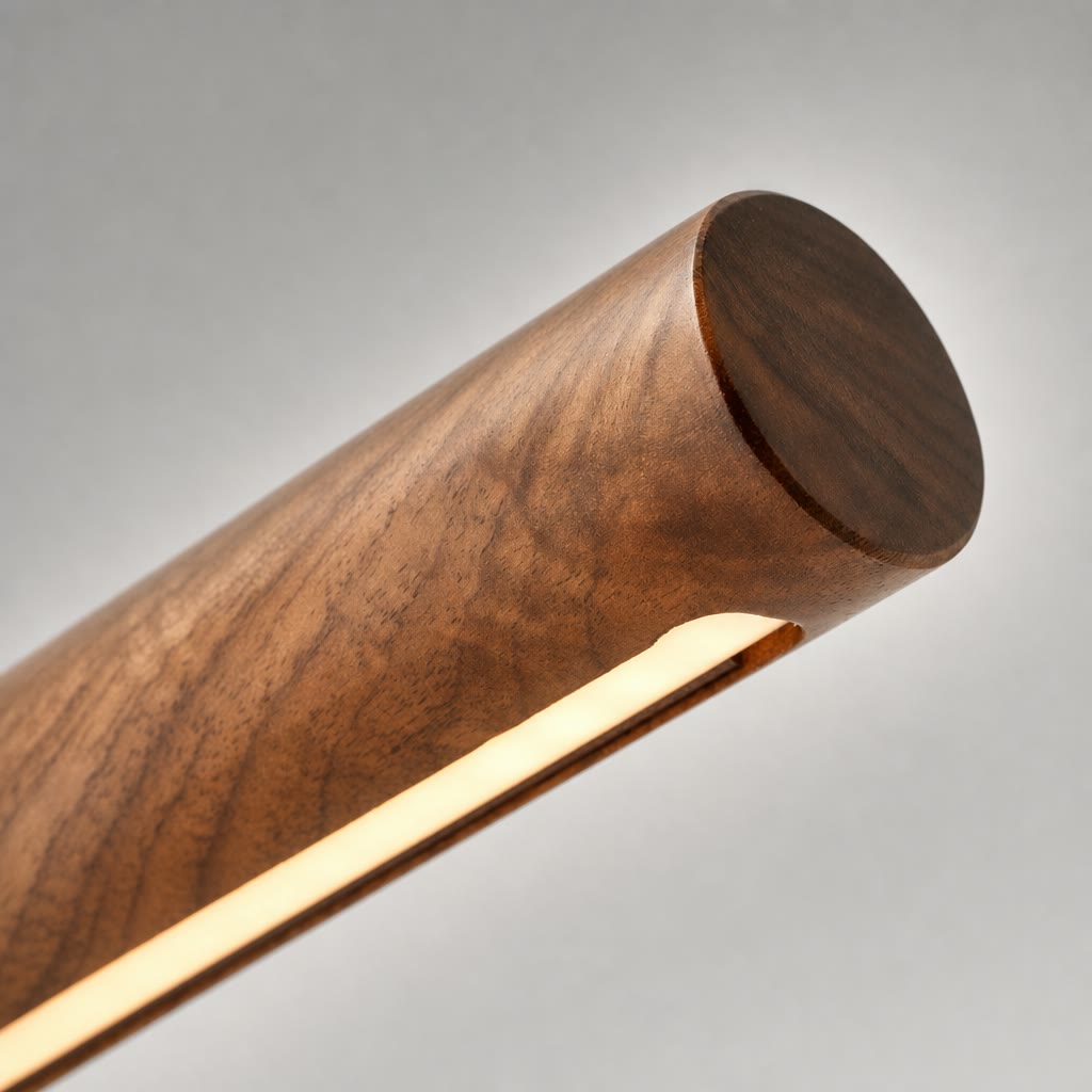 Wooden cylindrical light fixture with a warm glowing strip against a neutral background.