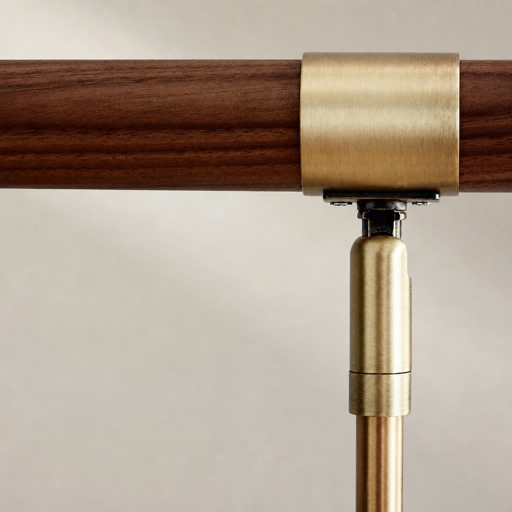 Brushed brass railing bracket clamping a dark wooden handrail against a pale wall.