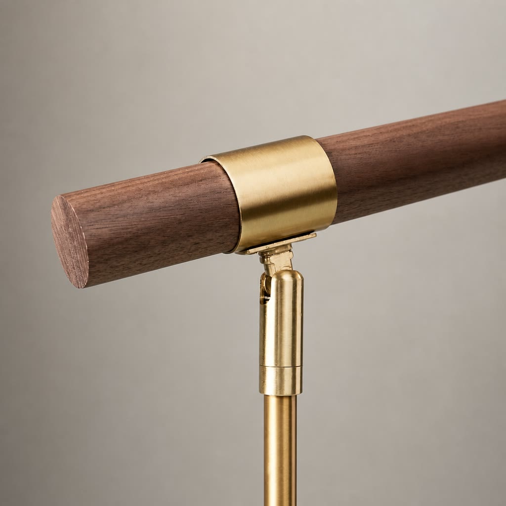Brass and wood rail support with a cylindrical wooden bar and gold mounting bracket.