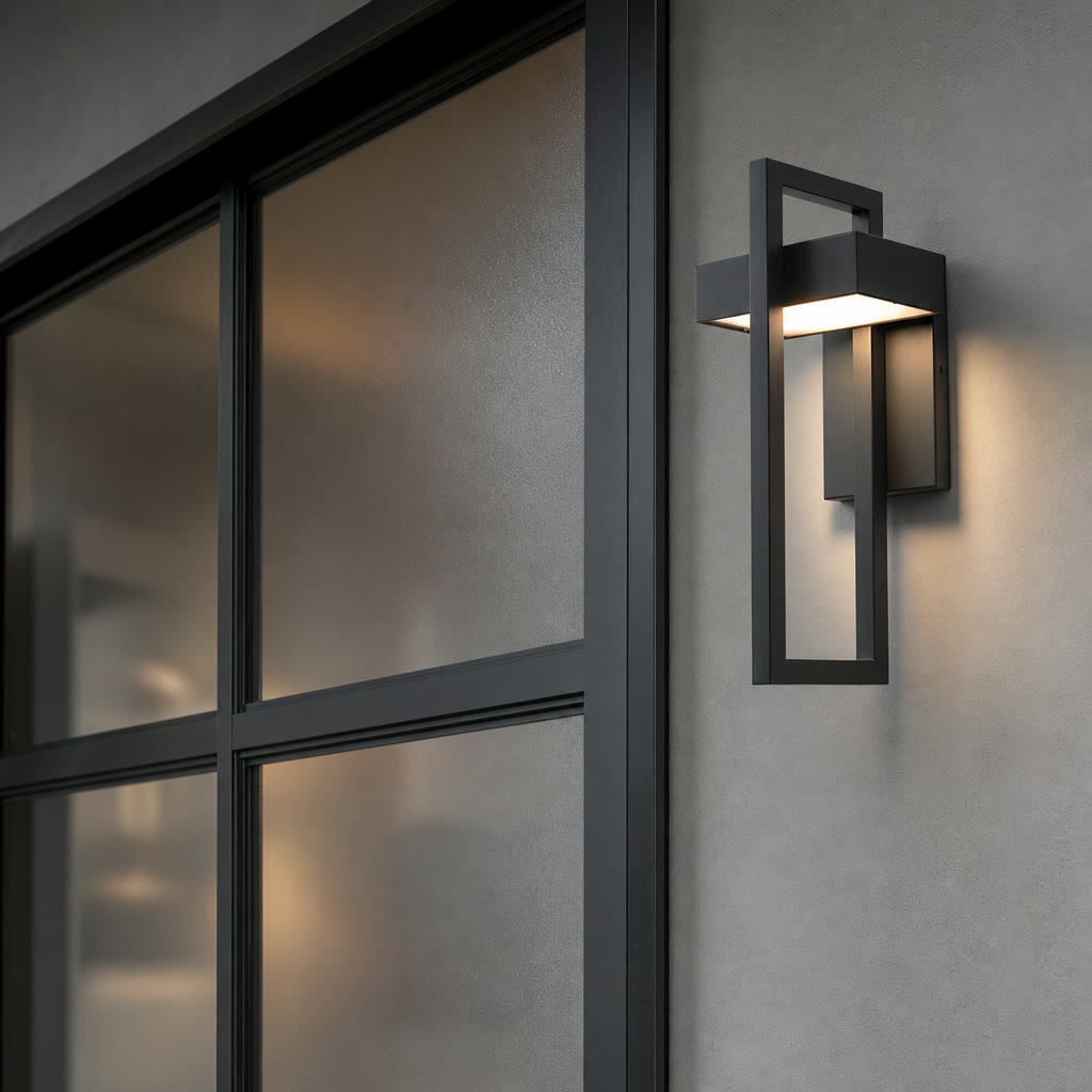 Black rectangular outdoor wall light glowing warmly beside a modern glass door.