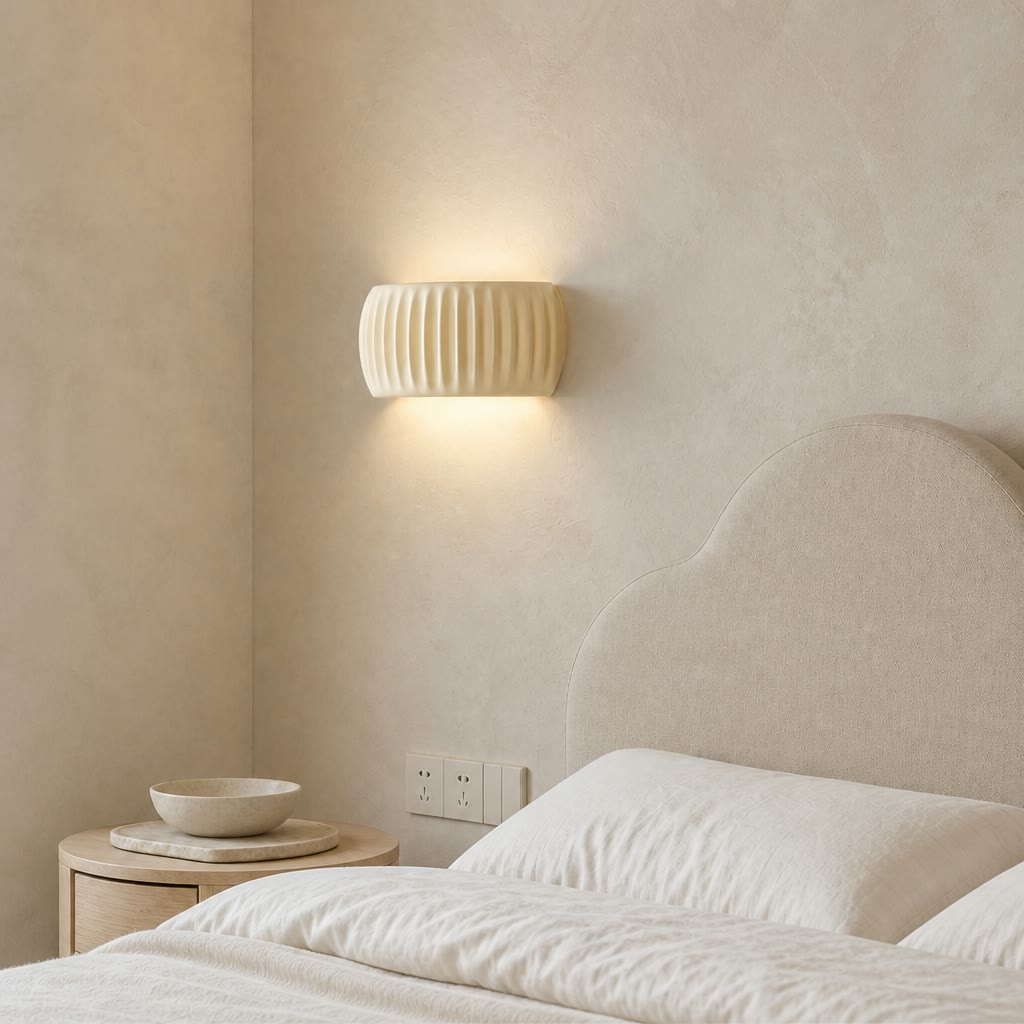 Cream ribbed wall sconce glowing above a neutral upholstered bed in a cozy bedroom.