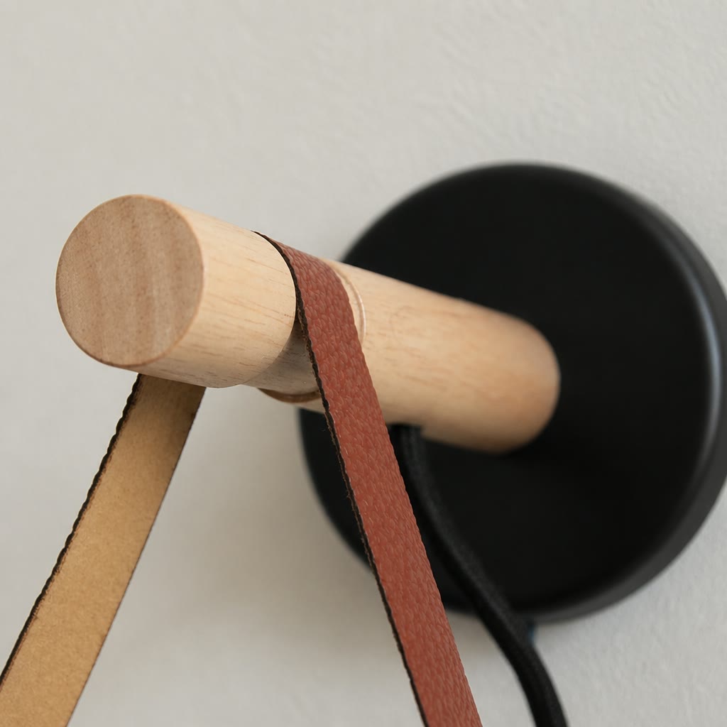 Wooden wall peg with tan and reddish leather straps hanging from a black circular mount.