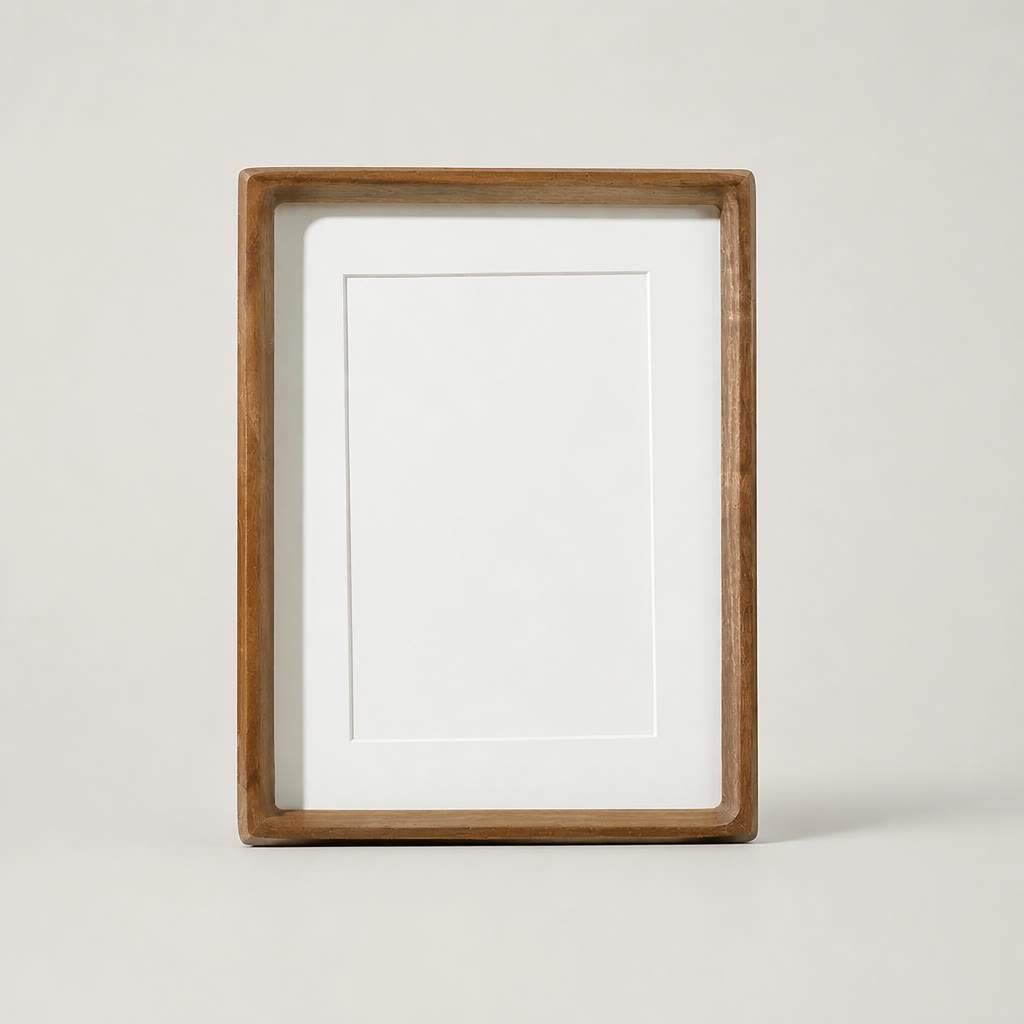 Wooden rectangular photo frame with white mat and blank center on a light neutral background.