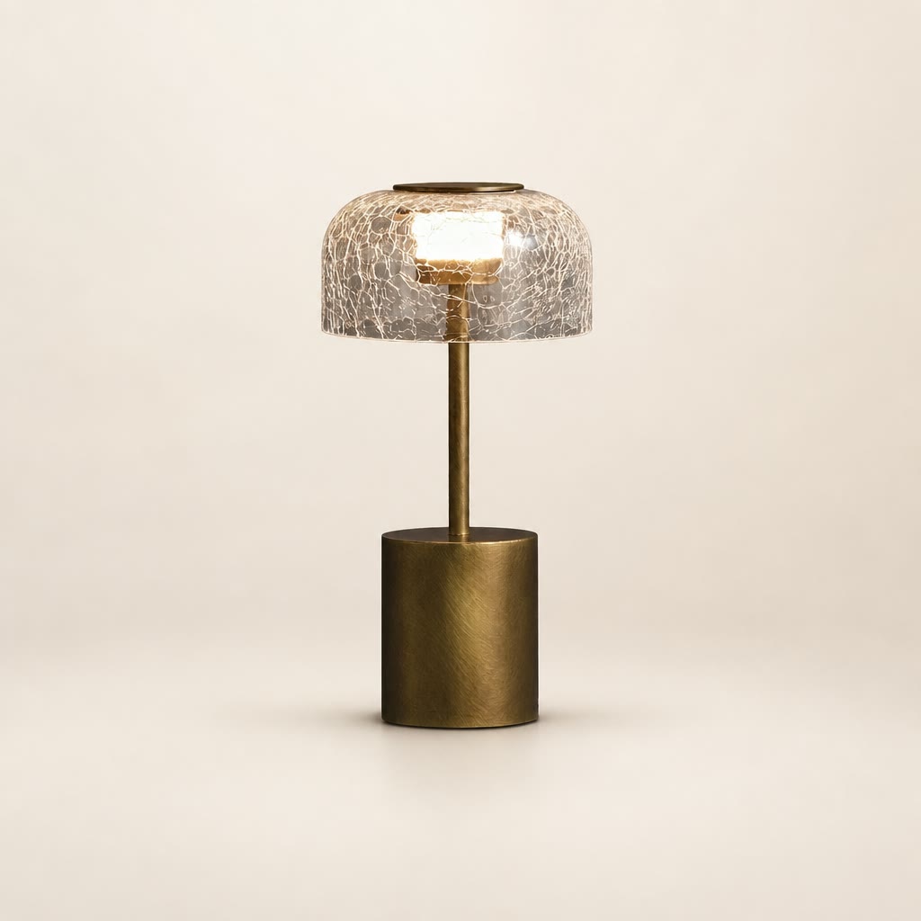 Brass table lamp with crackled glass dome shade glowing on a pale neutral background.