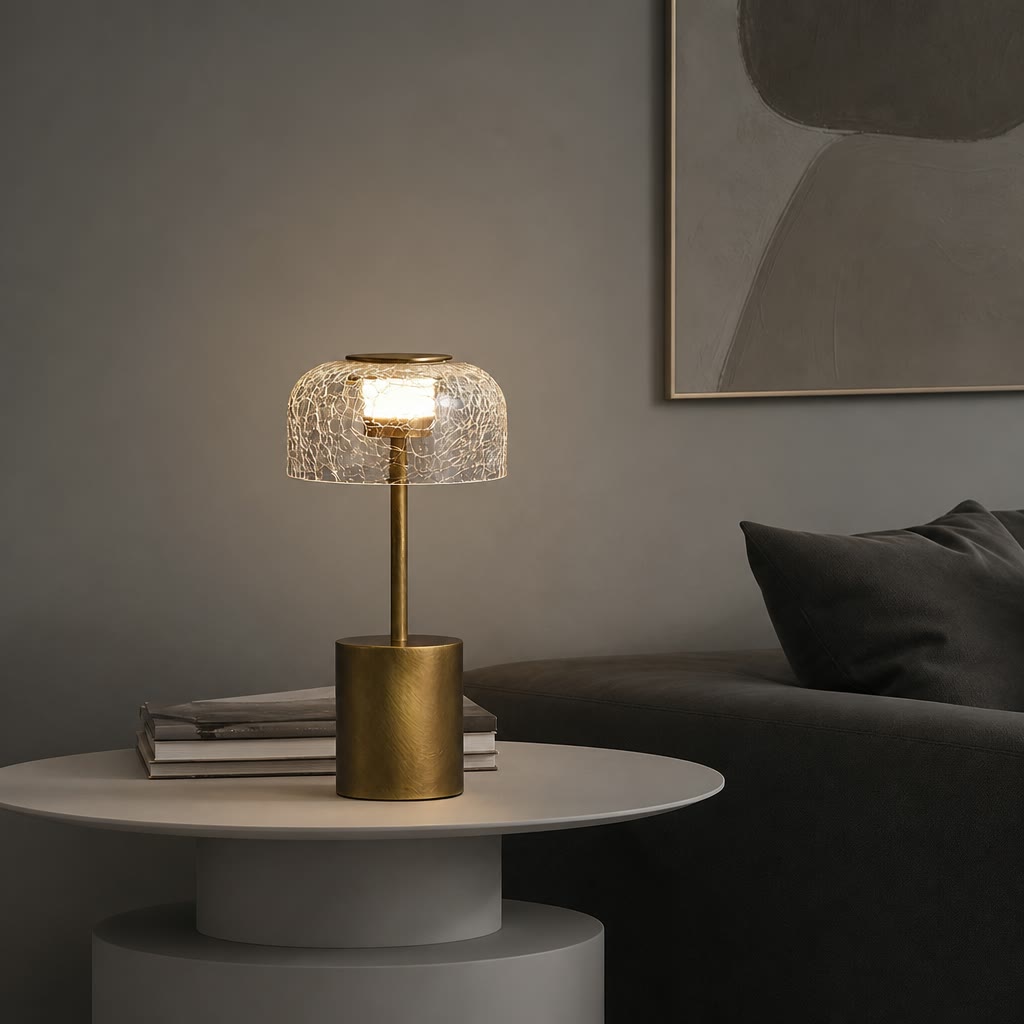Brass table lamp with glowing crackle glass shade on a white round side table.