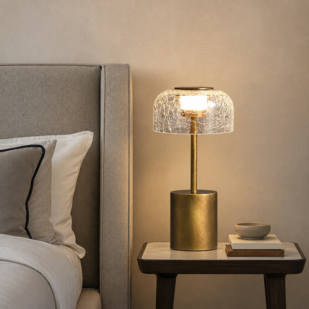 Gold bedside lamp with cracked glass dome shade glowing on a nightstand.