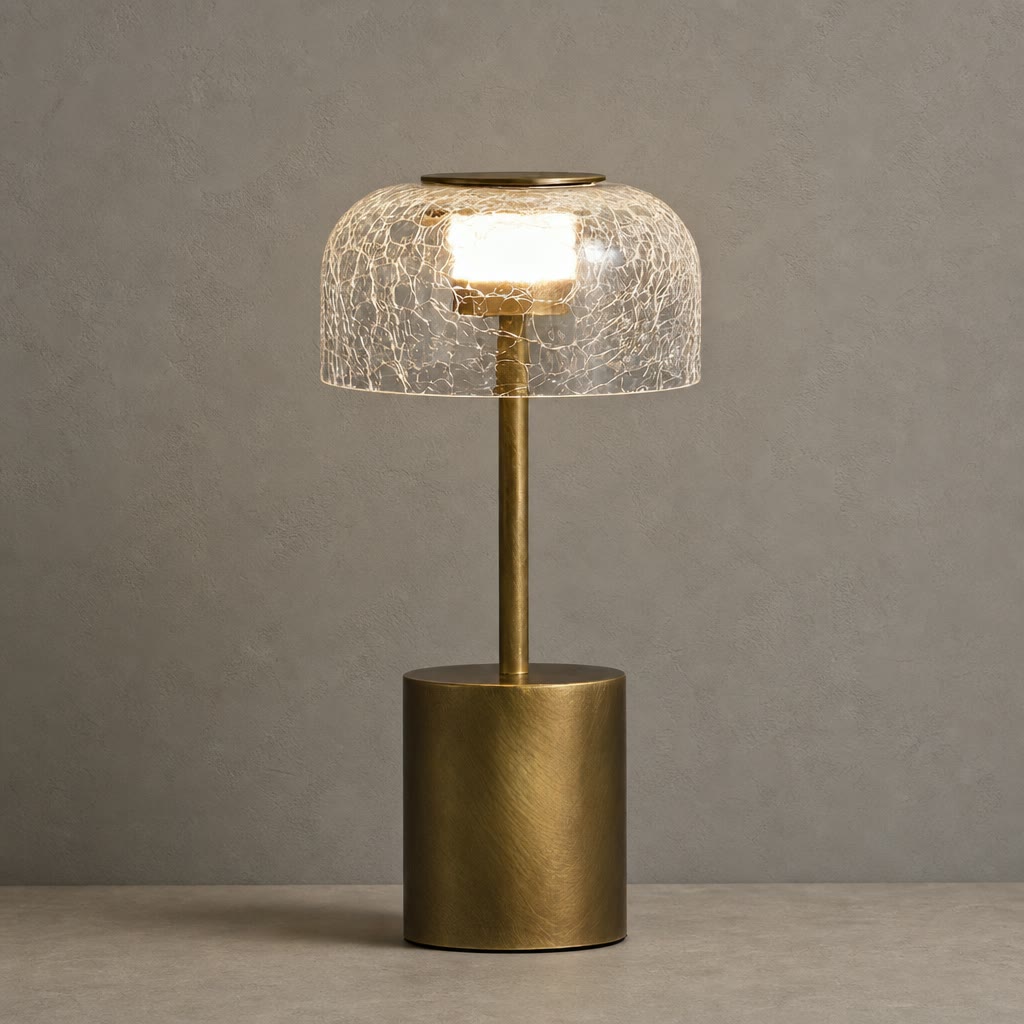 Gold table lamp with cracked glass shade glowing on a neutral tabletop