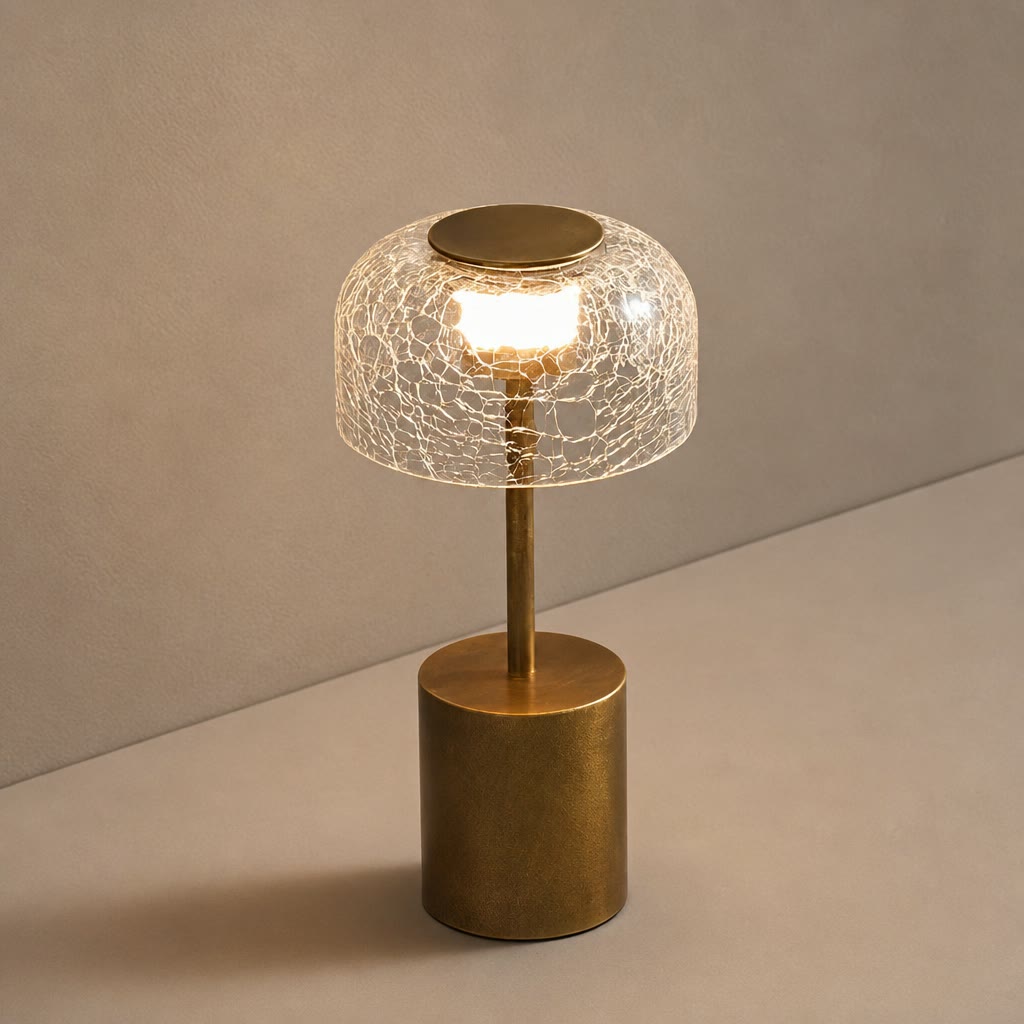 Gold table lamp with a cracked clear glass shade glowing warmly on a gray surface.