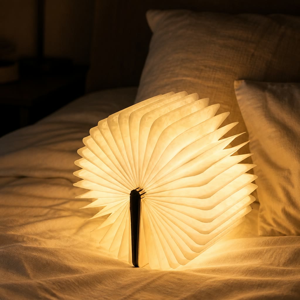 Warm glowing folding book lamp with a black spine resting on a softly made bed.