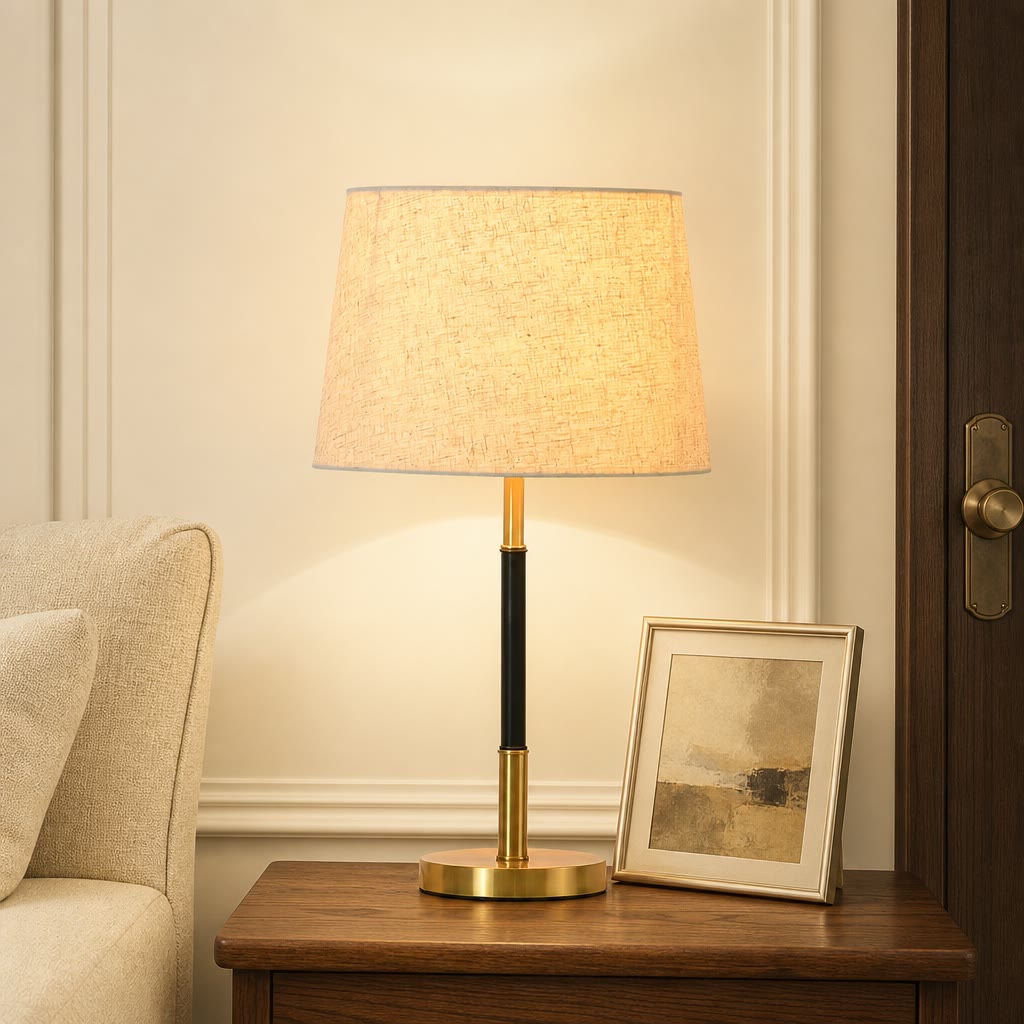Lit table lamp with beige fabric shade, black and brass stem, and round brass base on a wooden nightstand.