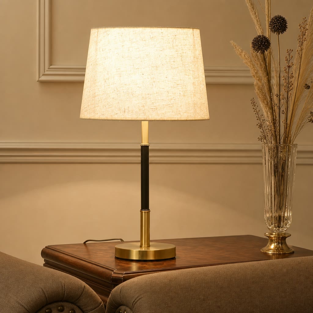 Lit table lamp with cream fabric shade, black and brass stem, and round brass base on a wooden side table.