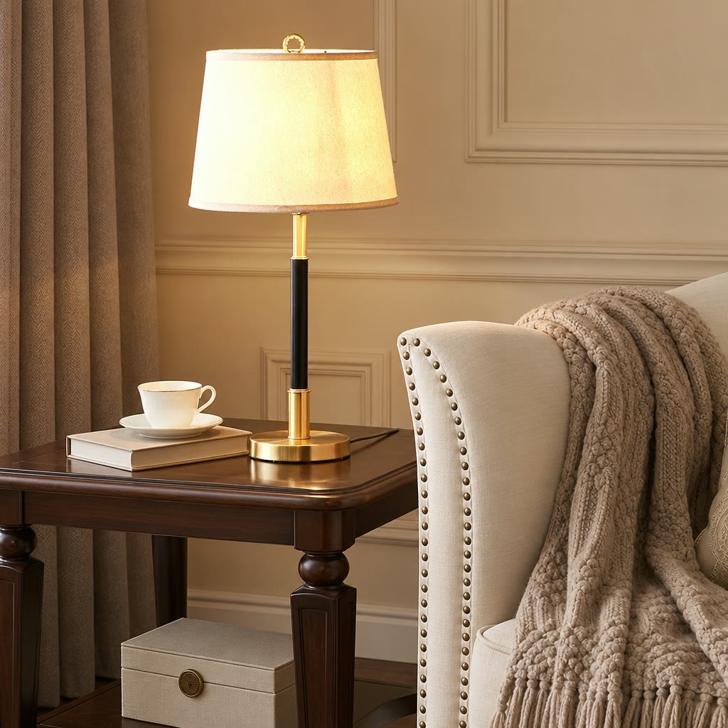 Brass table lamp with black stem and cream shade on a wooden side table beside an upholstered armchair.
