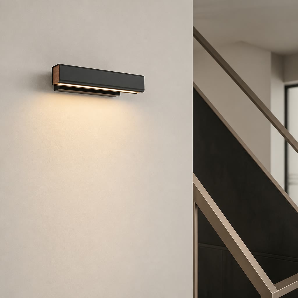Black rectangular wall sconce with a warm downlight mounted on a pale modern interior wall.