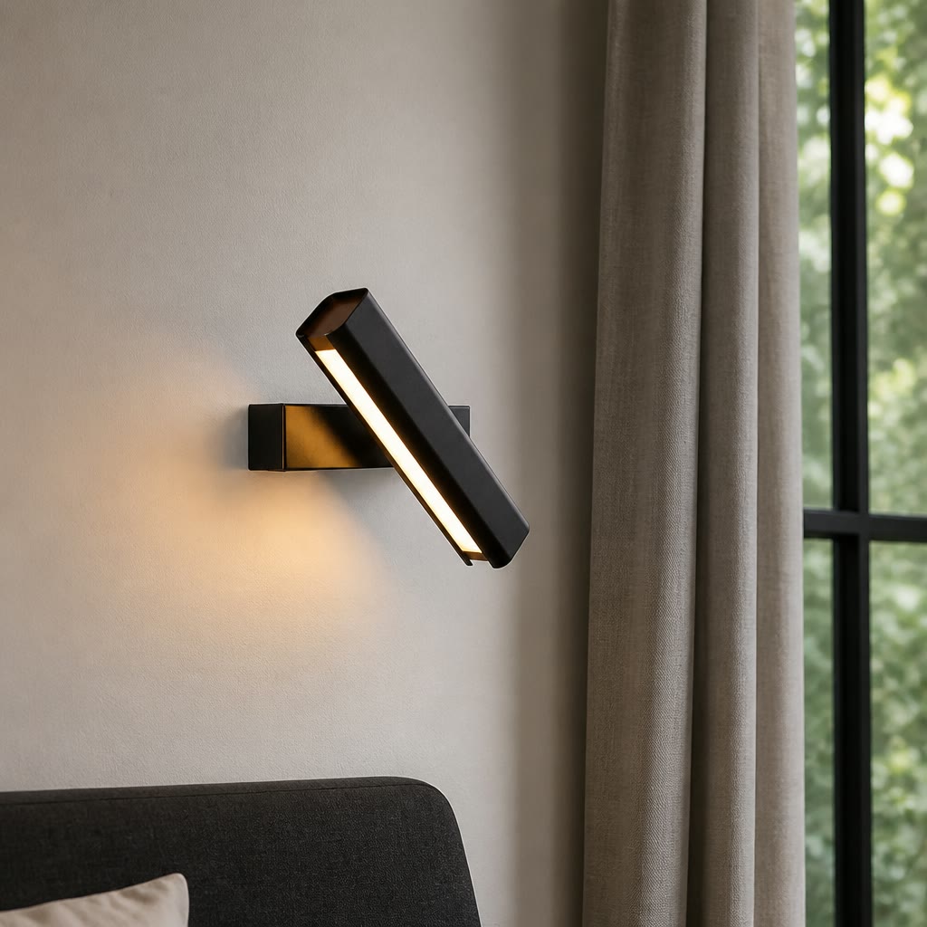 Black adjustable wall sconce with warm LED bar mounted beside gray curtains.