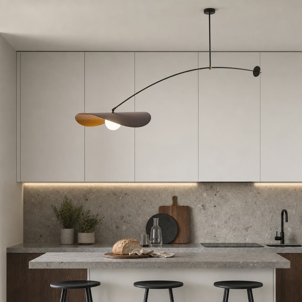 Curved pendant lamp over a modern kitchen with white cabinets, stone backsplash, and island stools.