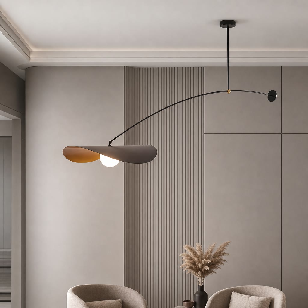 Modern black arc pendant lamp with petal shades and glowing bulb above a neutral living room wall.