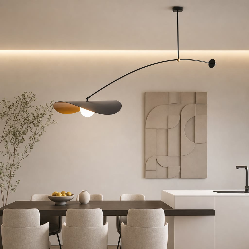 Modern arched pendant light with petal shades glowing above a minimalist dining table.