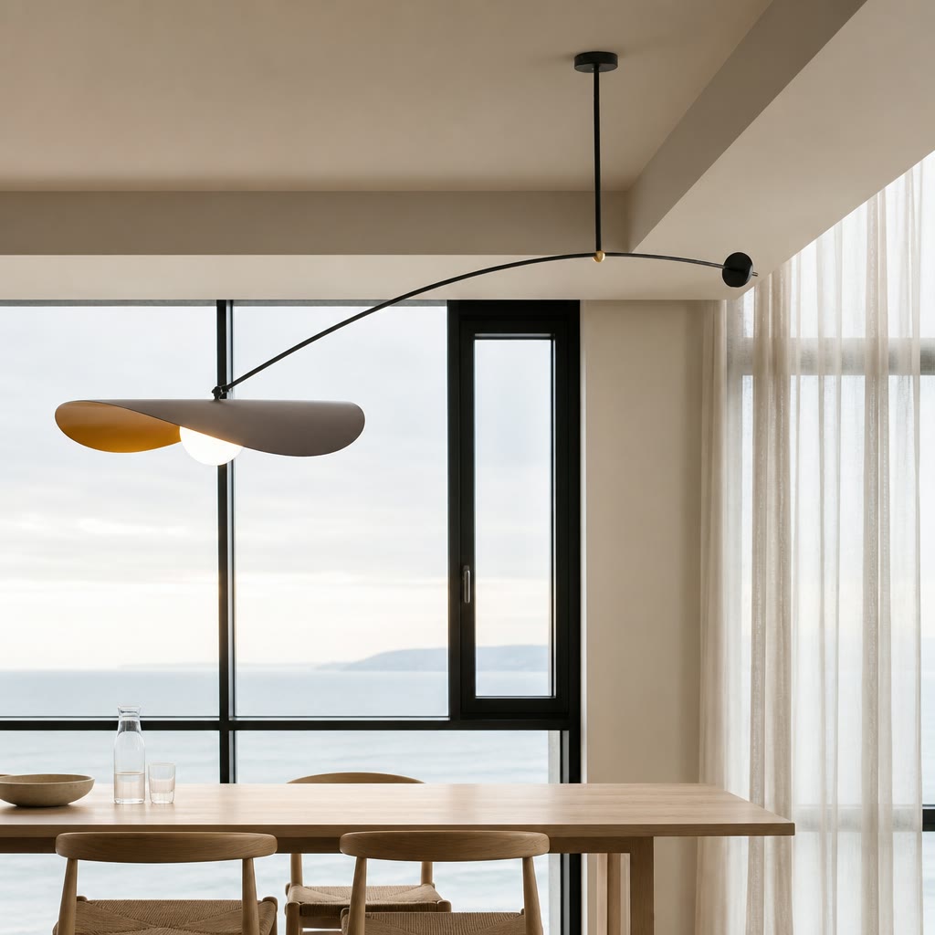 Modern arched ceiling pendant with black arm and three oval shades above a wooden dining table.