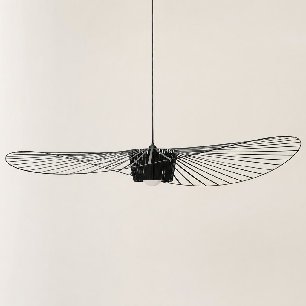 Black wire pendant light with two long wing-like mesh shades on a plain white background.