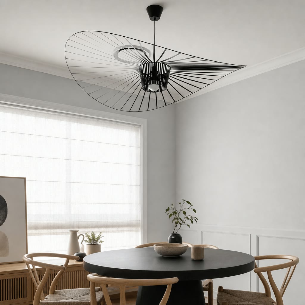 Black wire pendant lamp with a wide sculptural shade above a round dining table.