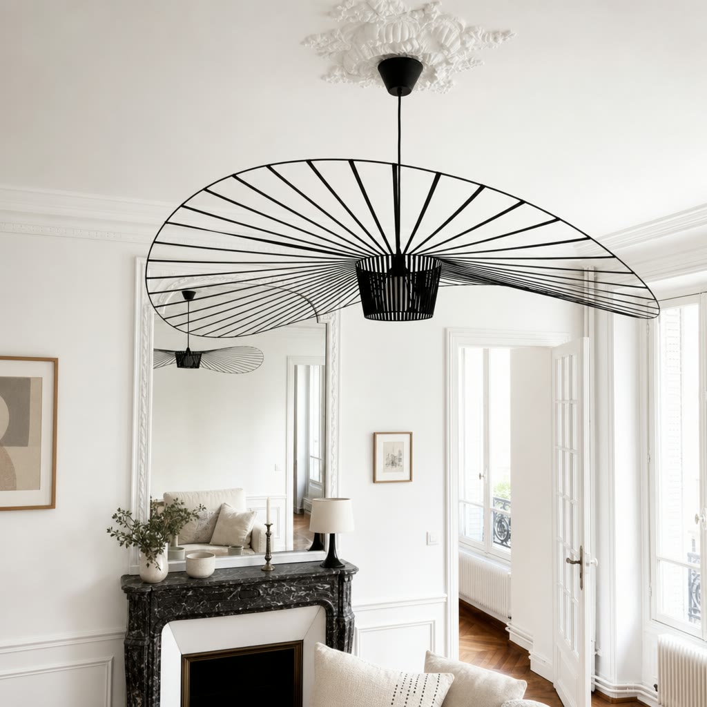 Black wire fan-shaped pendant light hanging in a bright white living room.