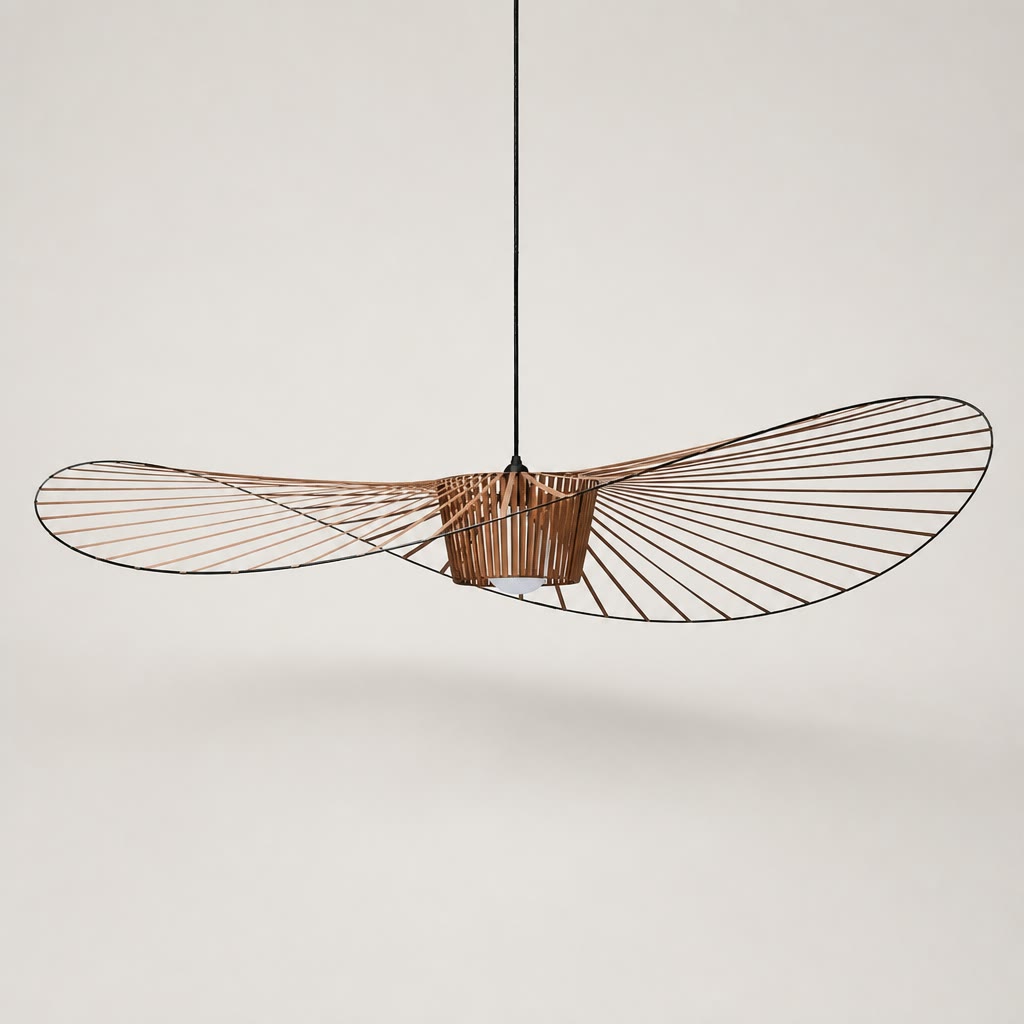 Sculptural wooden wireframe ceiling fan pendant with two elongated oval blades.
