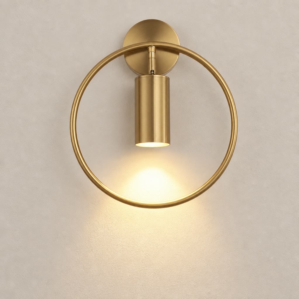 Brushed gold circular wall sconce with a glowing downward cylinder light on a pale wall.