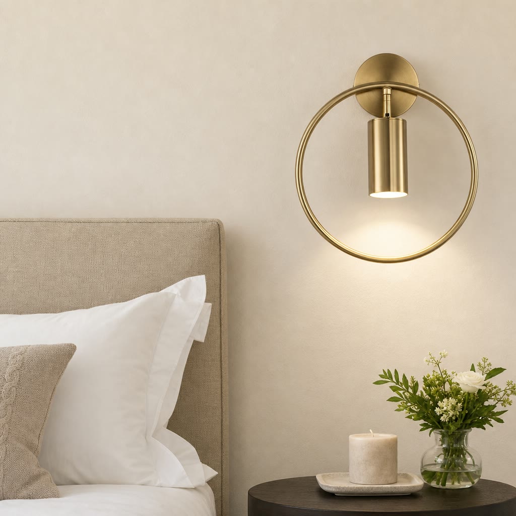 Gold circular wall sconce with a cylindrical downlight above a bedside table.