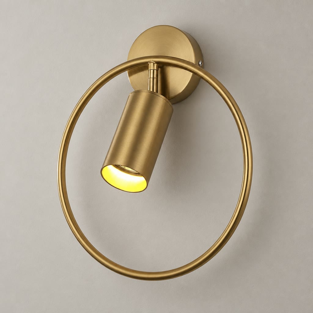 Brass circular wall sconce with a tilted lit cylinder shade on a plain wall.