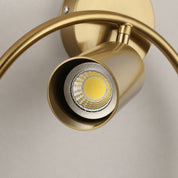 Brushed gold adjustable spotlight with circular wall mount and exposed LED bulb.