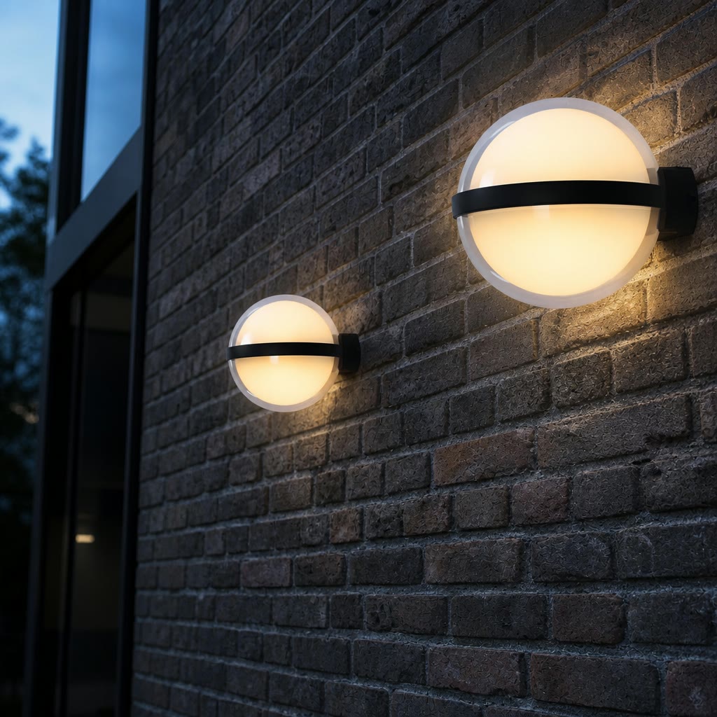 Warm glowing round wall lights mounted on a textured brick exterior wall.