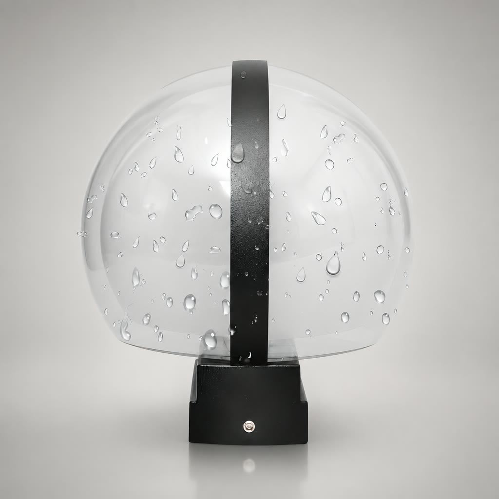 Transparent water-dotted dome with a black vertical strap and base.