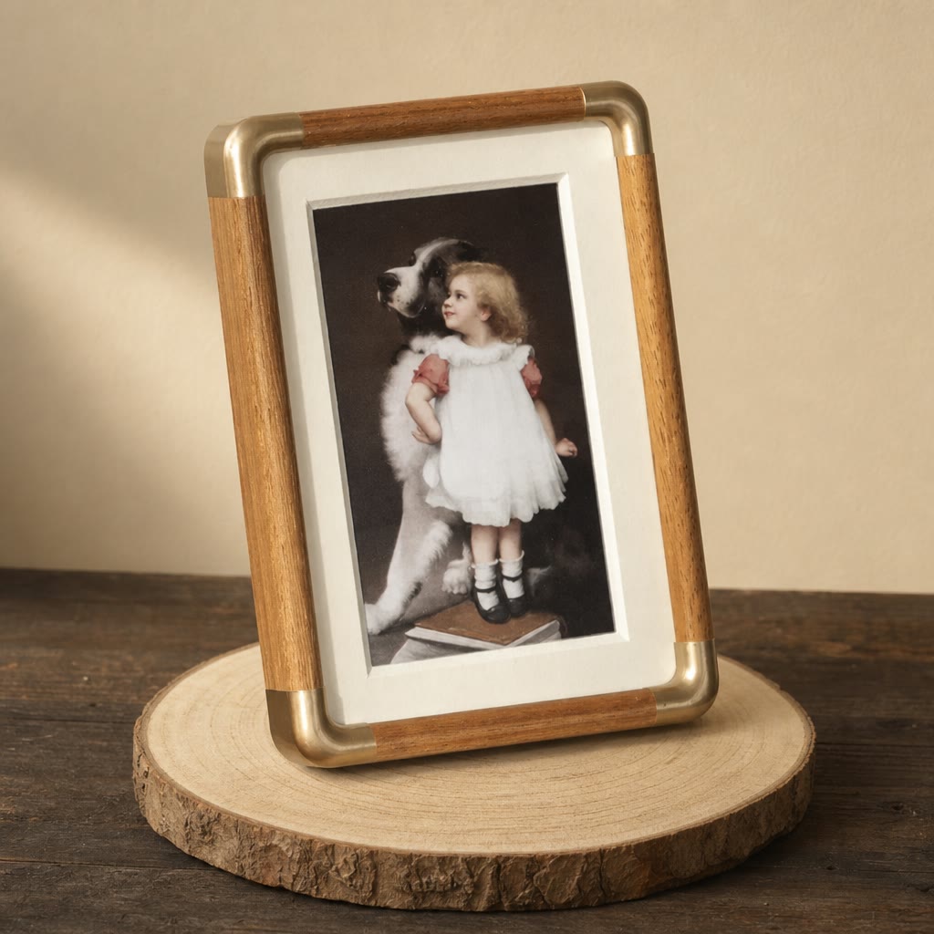 Wood and brass photo frame with a girl and dog portrait leaning on a wooden slice.
